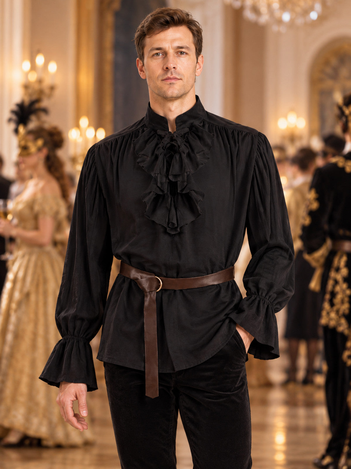 Black shirt with high collar and ruffles, with belt