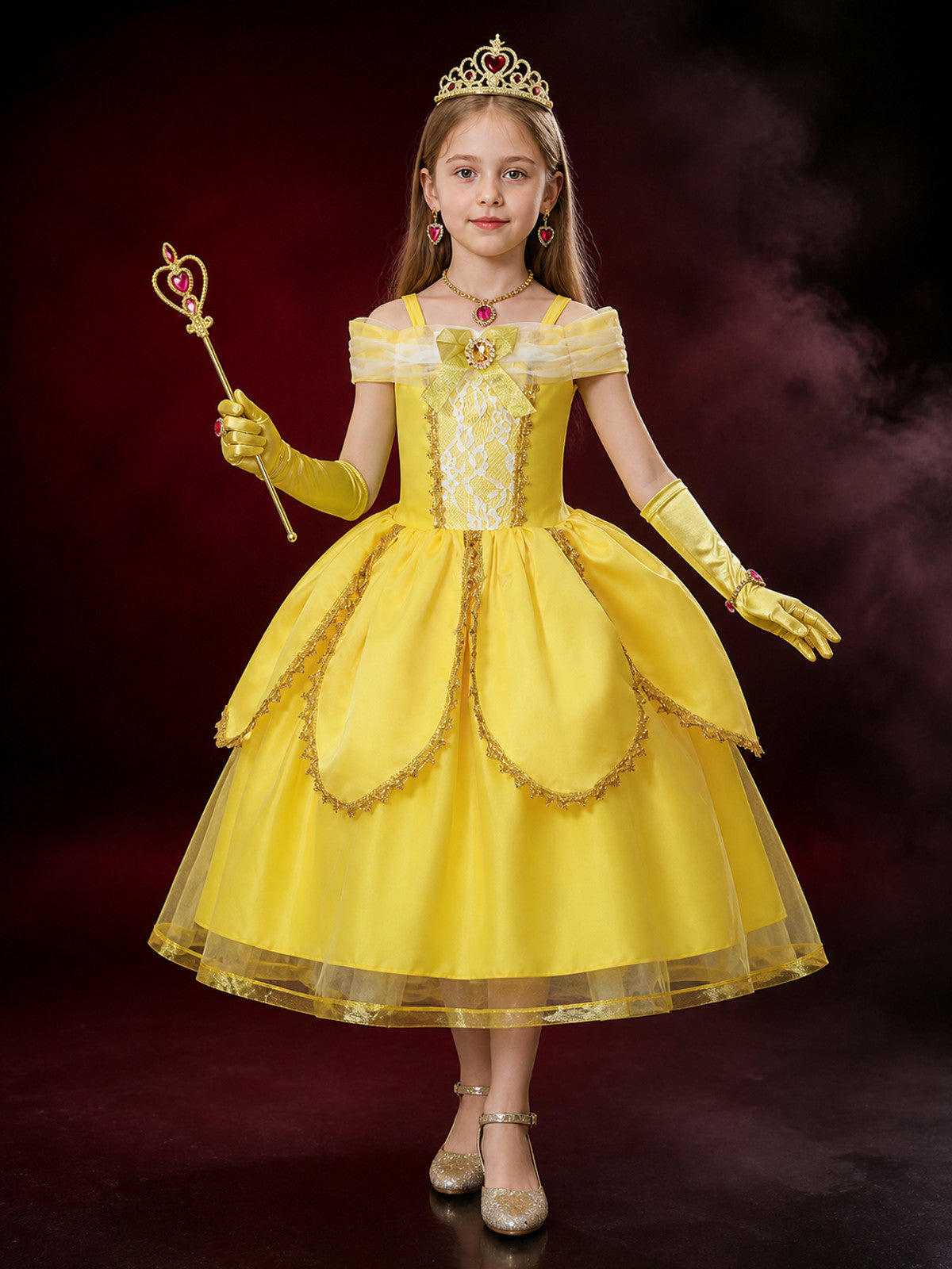 Girls Yellow Princess Off-Shoulder Tutu Dress Costume Set for Halloween main product view