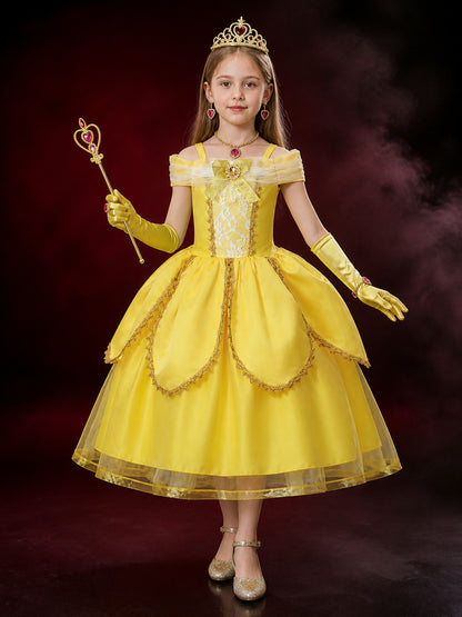 Girls Yellow Princess Off-Shoulder Tutu Dress Costume Set for Halloween main product view