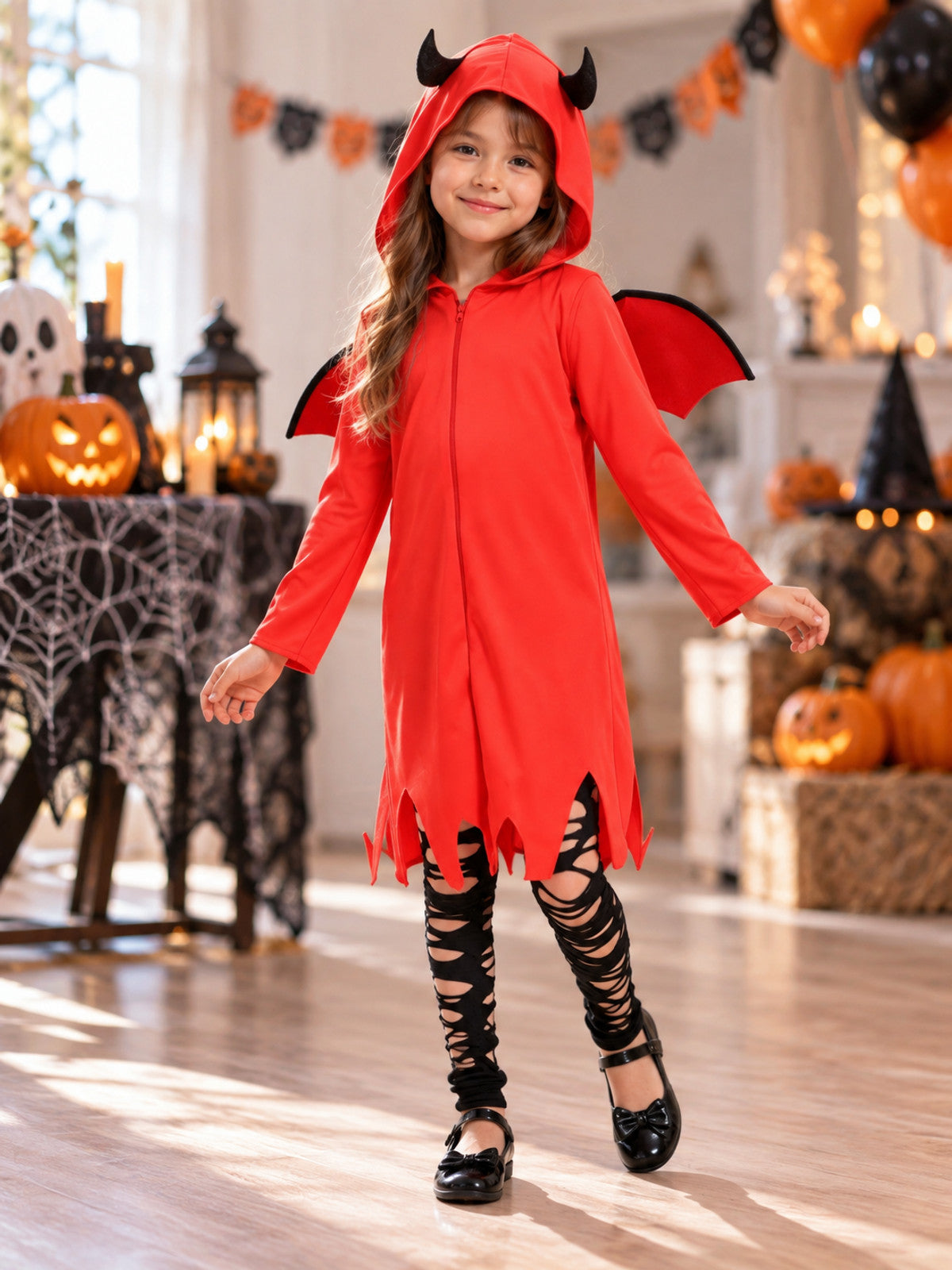 Kids' red carnival costume with wings and horns