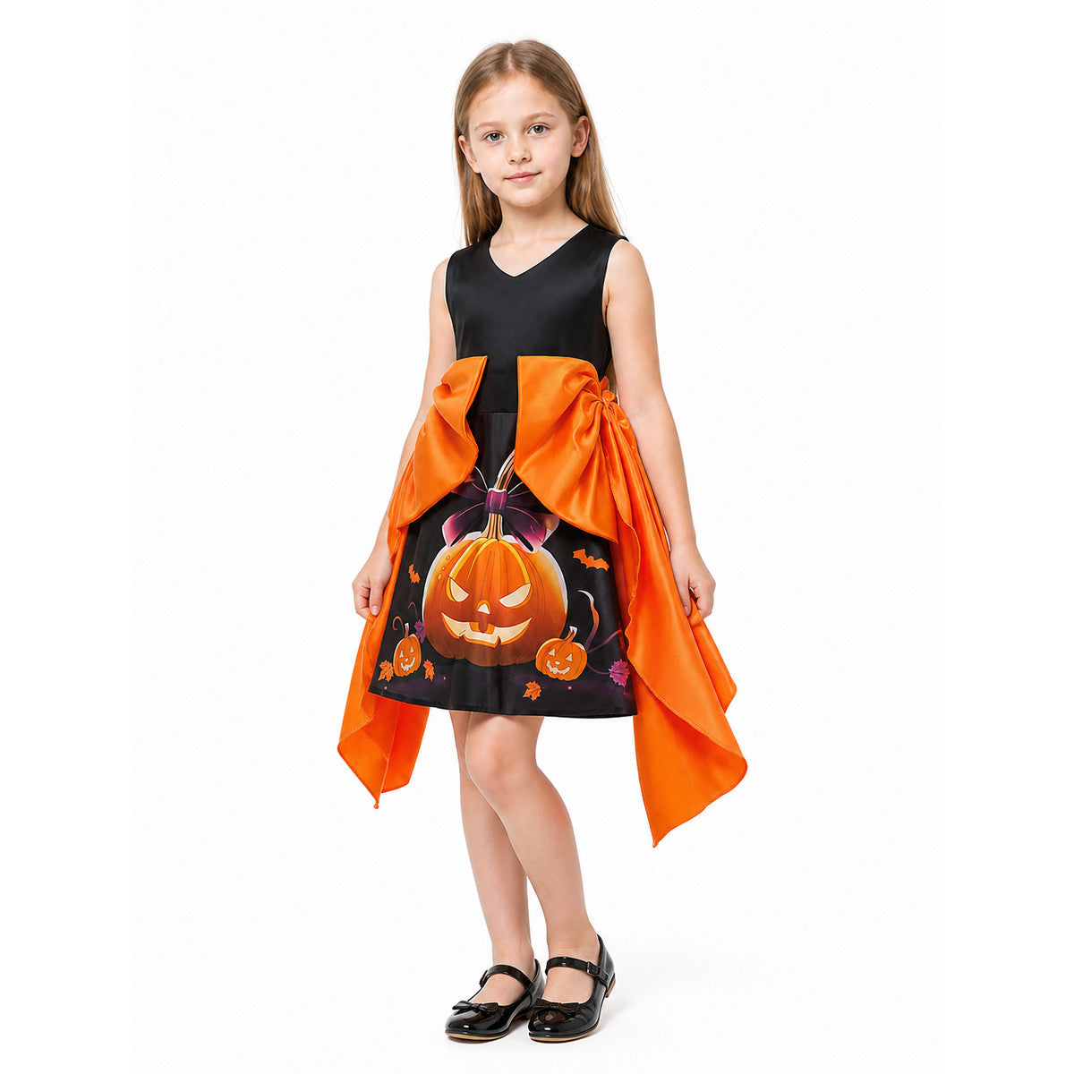 Halloween Cape Dress with Pumpkin Print on-model front view