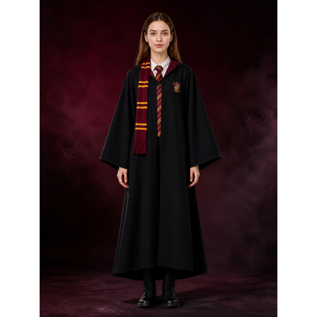 Black Wizard Robe Costume Set with Multicolor Striped Fringed Scarf and Chest main product view