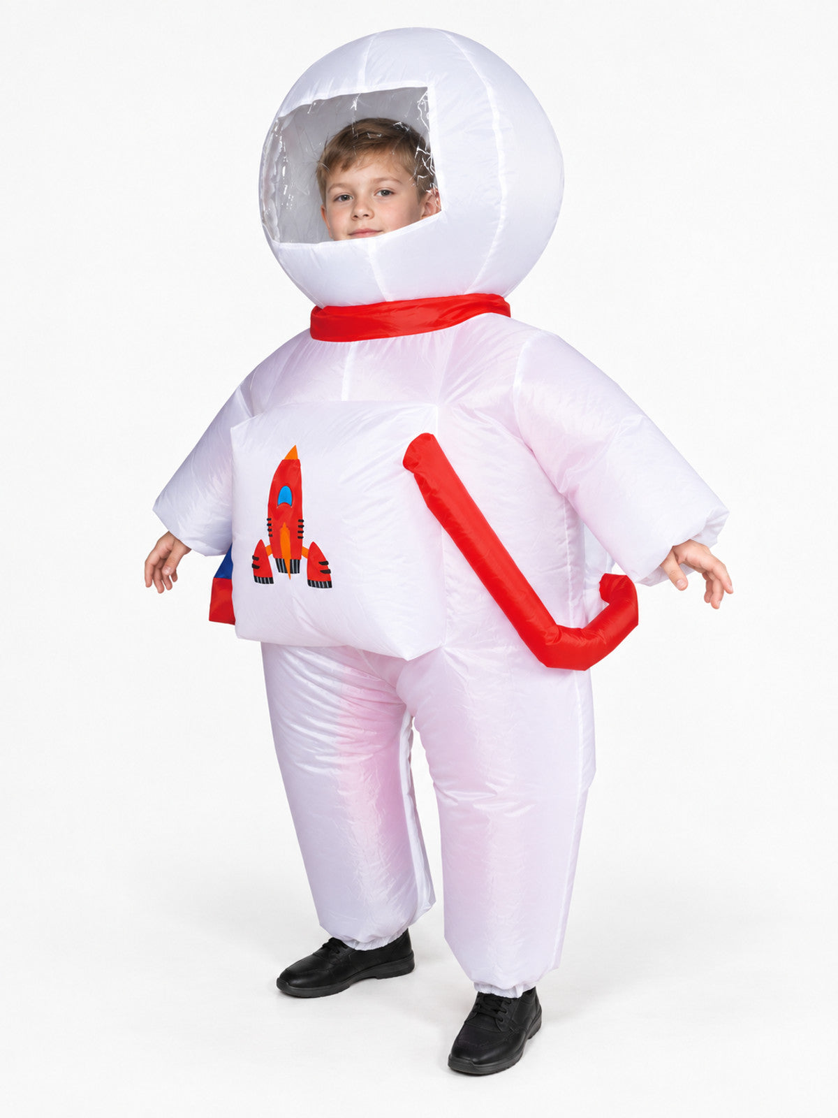 Inflatable astronaut costume for kids with helmet and rocket print