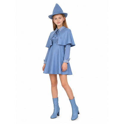Girl wearing blue witch costume with cape and pointed hat