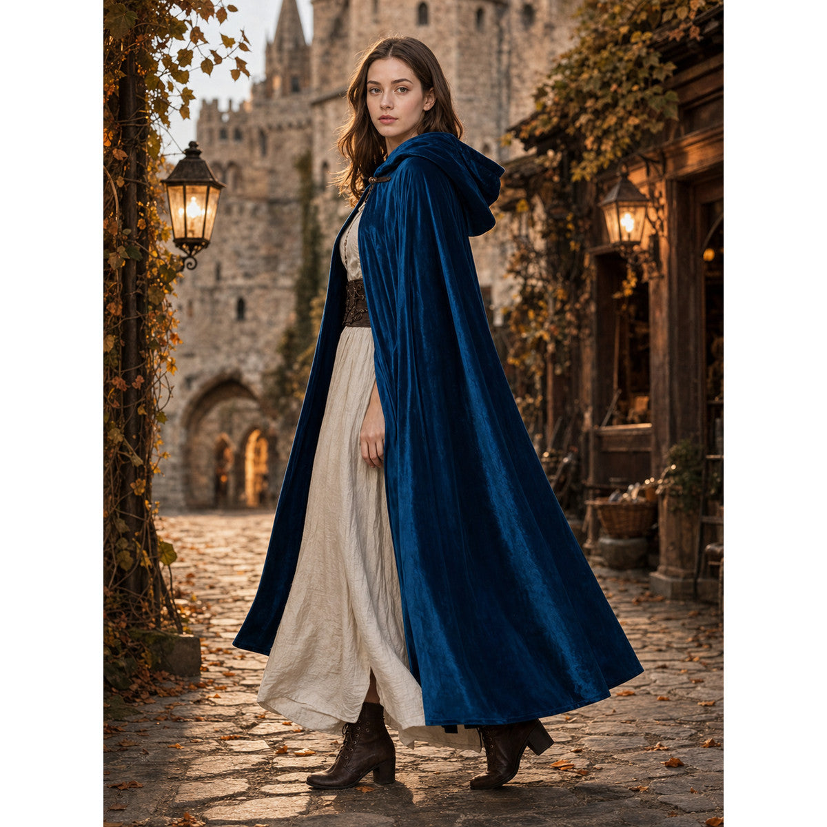 Dark blue velvet hooded cloak shown on a model from a three-quarter side view in a cobblestone village street