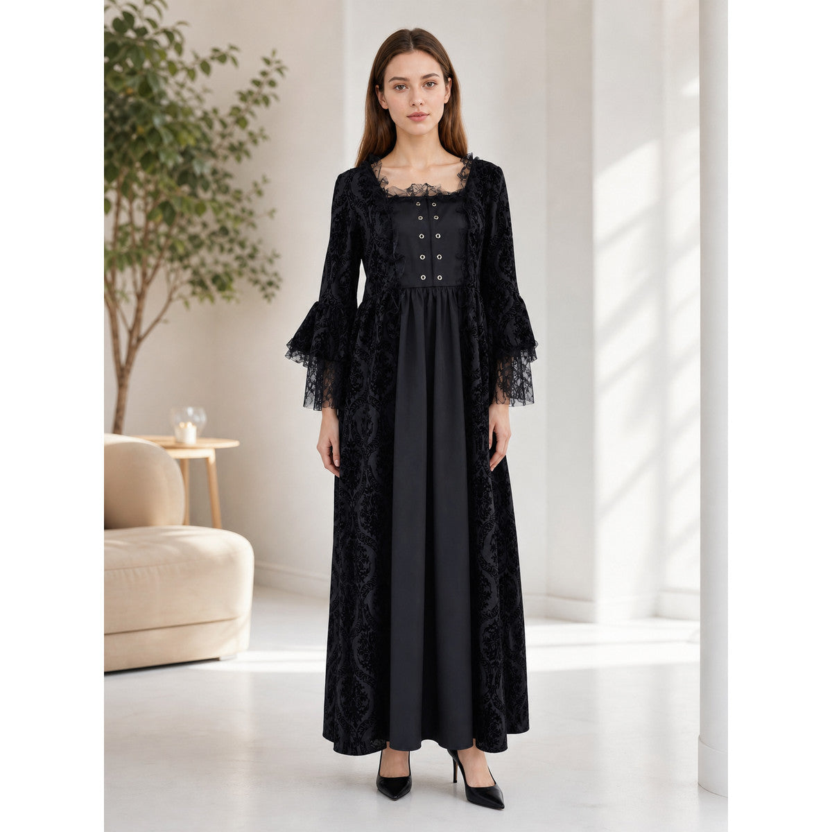 Gothic Vintage Maxi Dress with Lace Trim lifestyle view