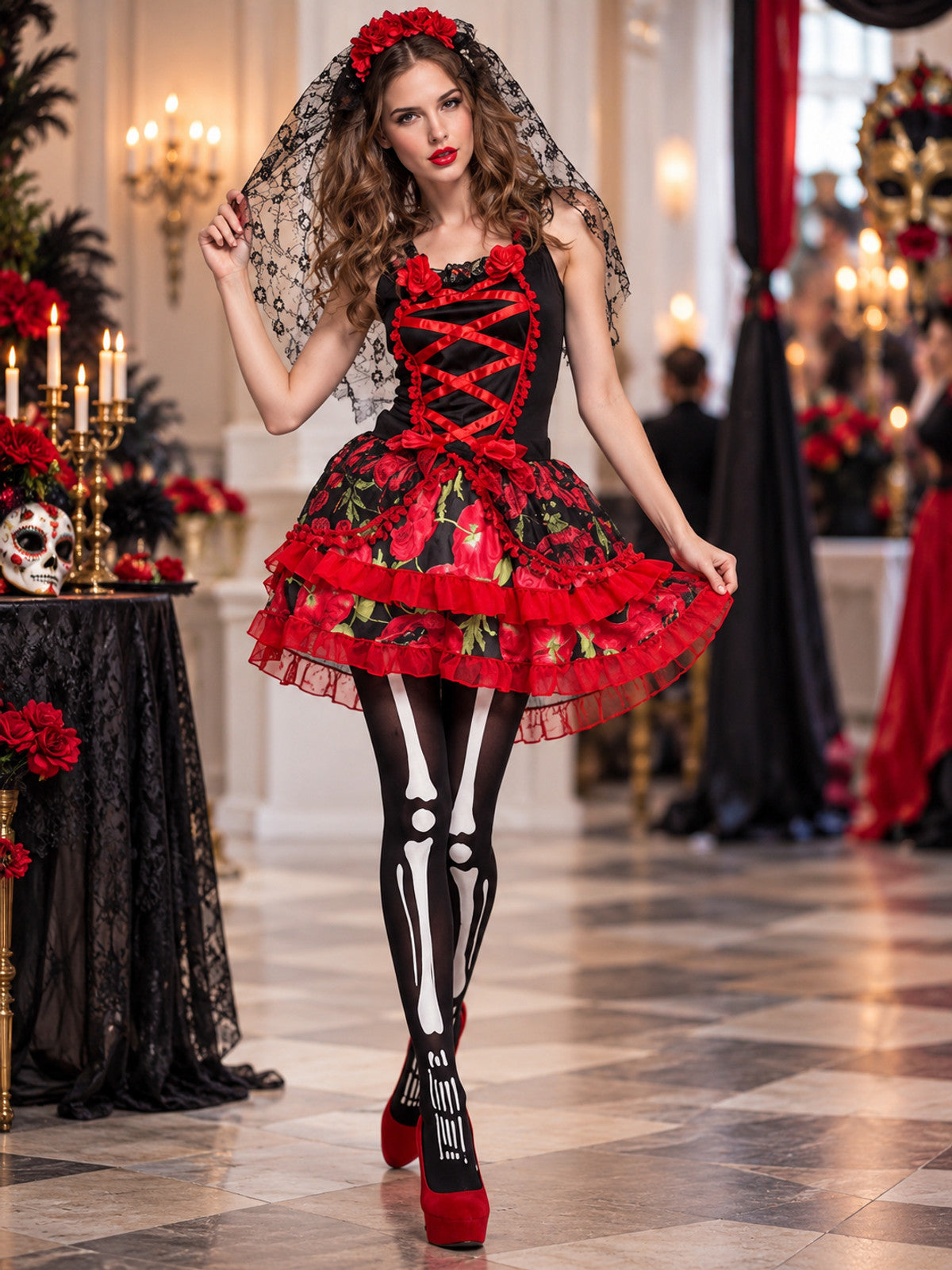 Mexican-Style Halloween Carnival Costume with Veil