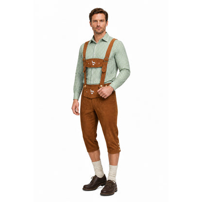 Bavarian Costume with Plaid Shirt and Suspenders on-model front view