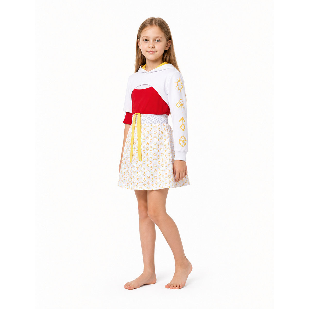 Zombie Cosplay Costume: White and Red, Asymmetrical Sleeves on-model front view
