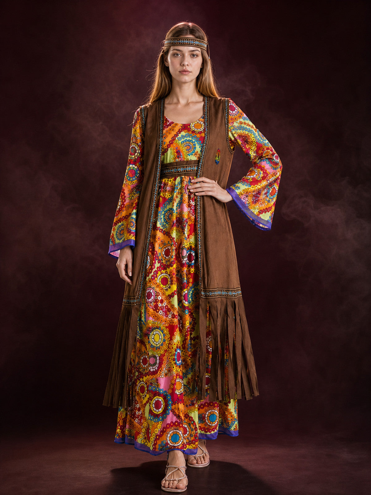 Hippie 70s Bohemian Costume Set, Paisley Printed Dress, Fringed Vest And main product view