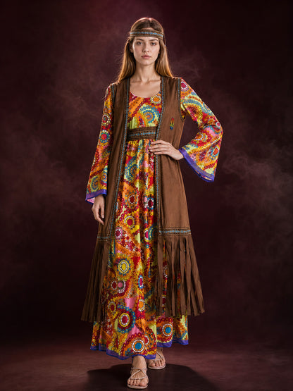 Hippie 70s Bohemian Costume Set, Paisley Printed Dress, Fringed Vest And main product view