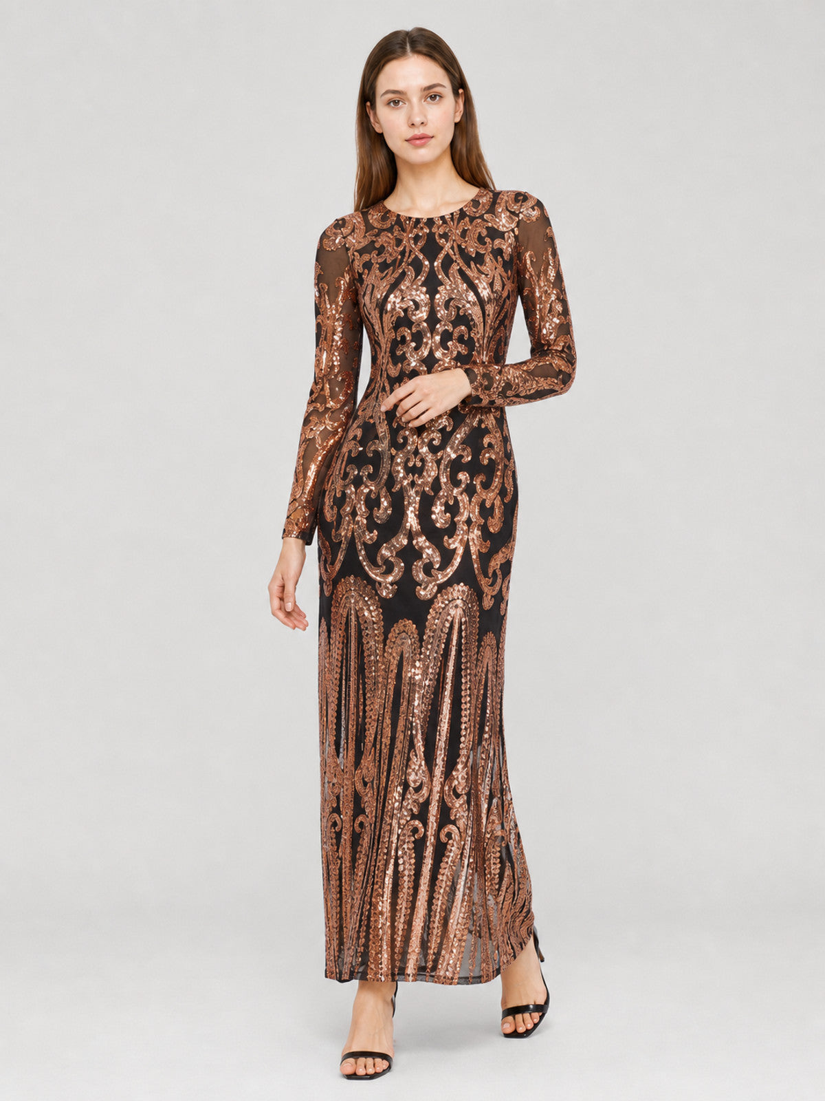 Long Sequined Dress with Sheer Sleeves