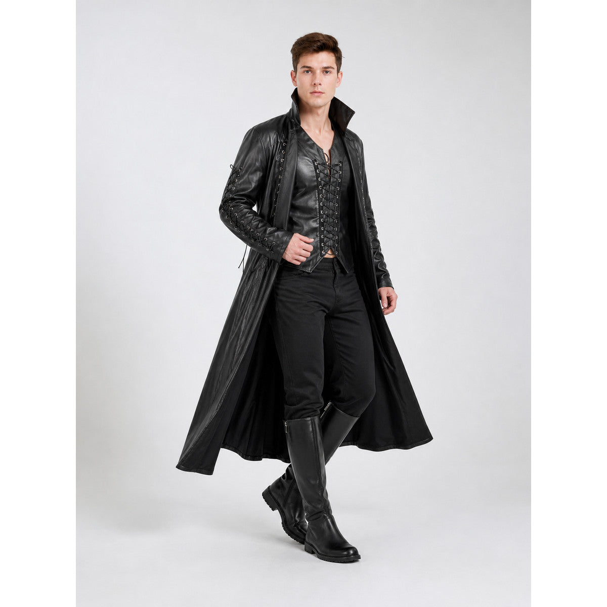 Gothic Vampire Costume: Coat, Vest, and Pants on-model front view