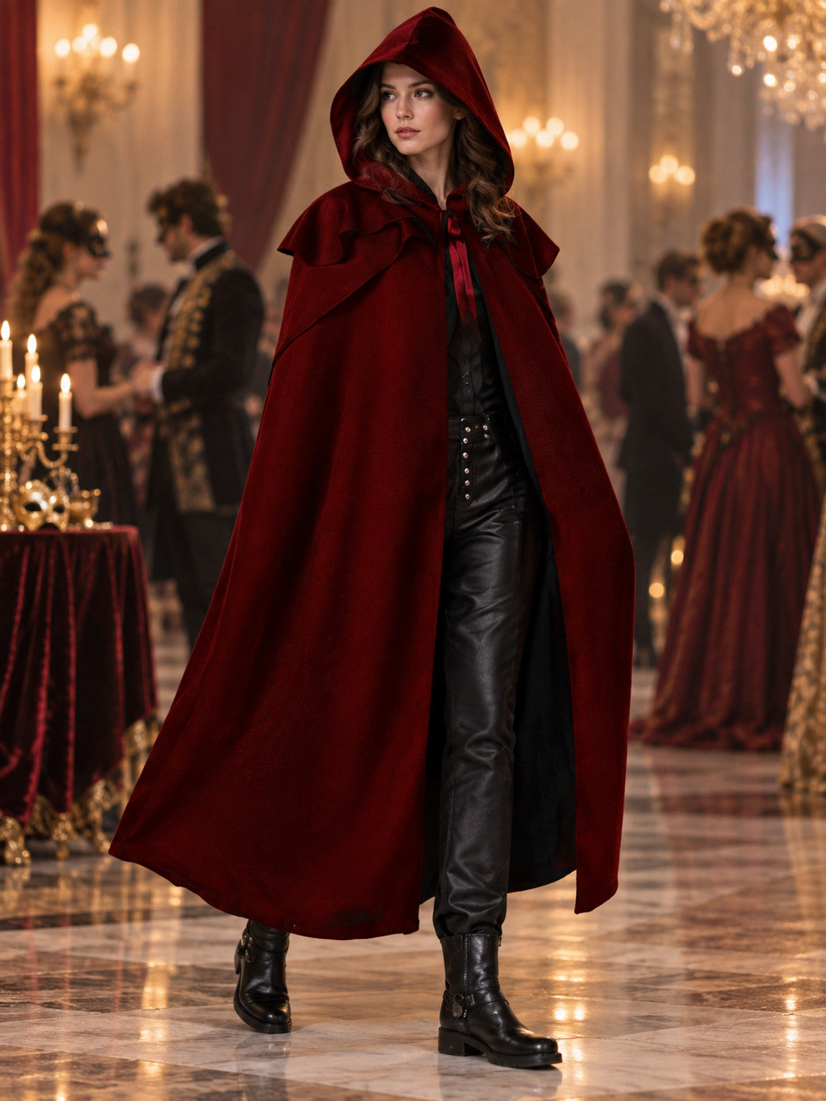Burgundy hooded cloak with ties