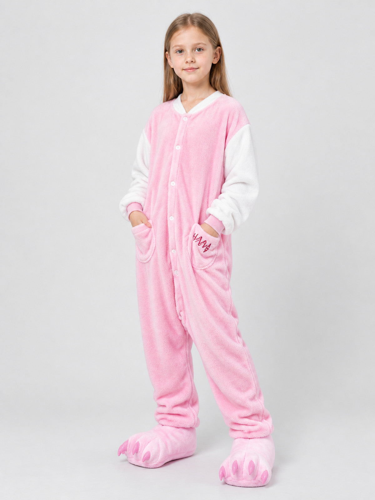 Pink and white jumpsuit pajama with cartoon paw design