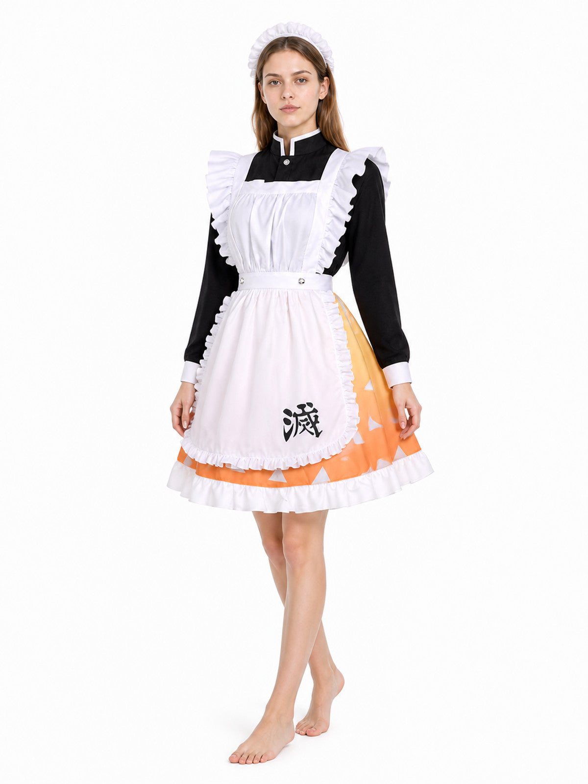 Black cosplay dress with a white apron and orange skirt Costume Dresses detail