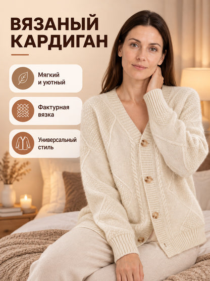 Cream-Beige Cable-Knit Cardigan with Pockets