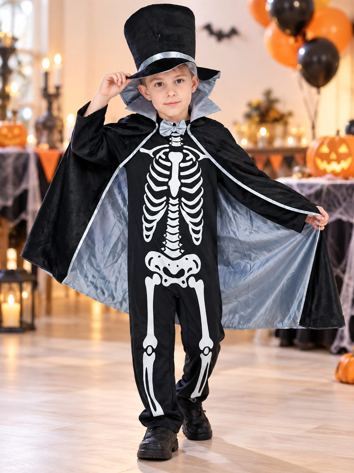 Kids' skeleton carnival costume with cape and top hat