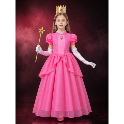 Girls Princess Peach Puffy Sleeve Costume Set with Crown and Wand for Halloween main product view