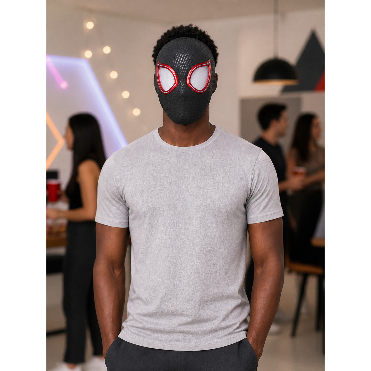 Black Cosplay Mask with Web Pattern and White Eyes lifestyle view