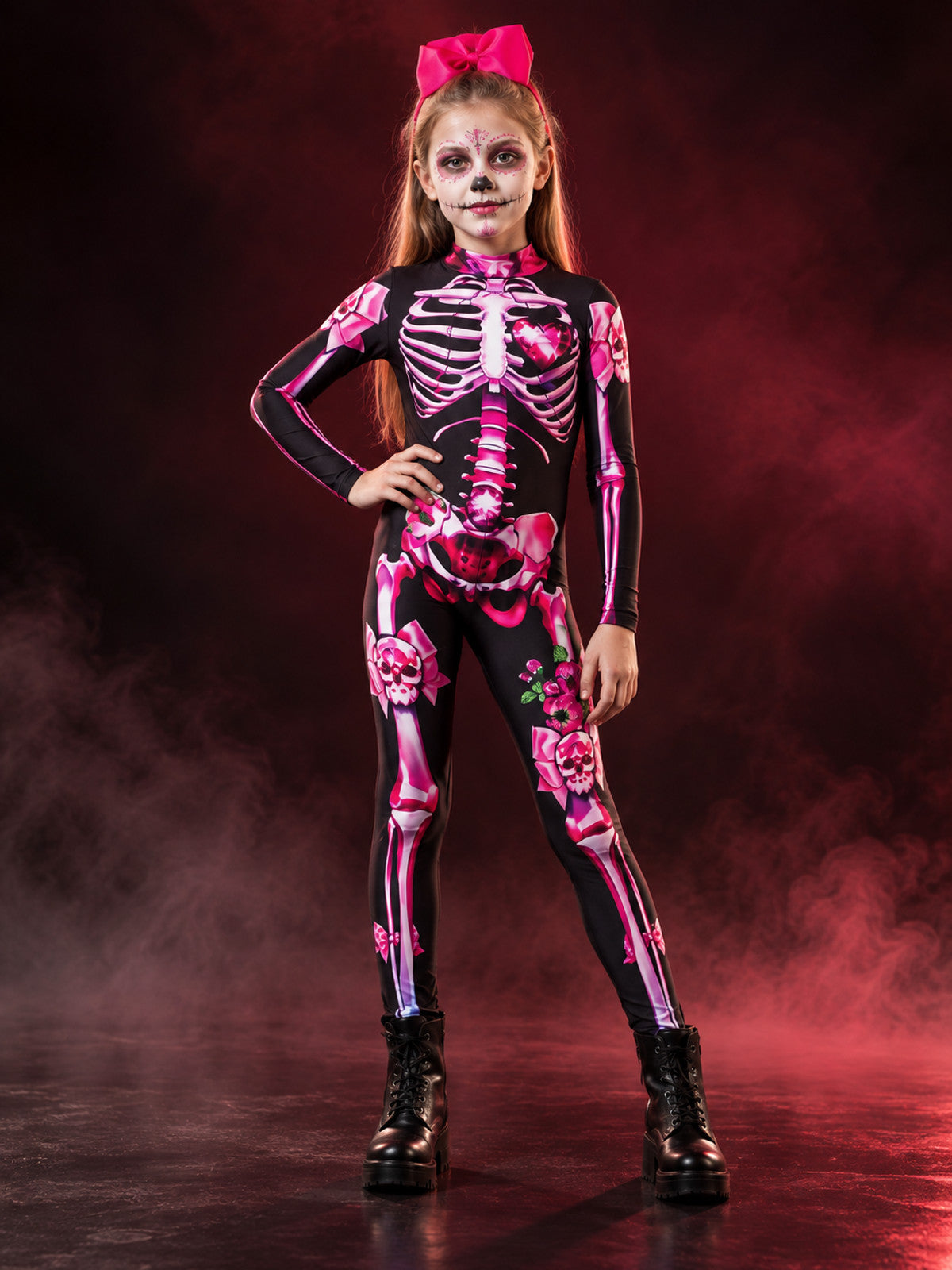 Black Skeleton Costume with Pink Print