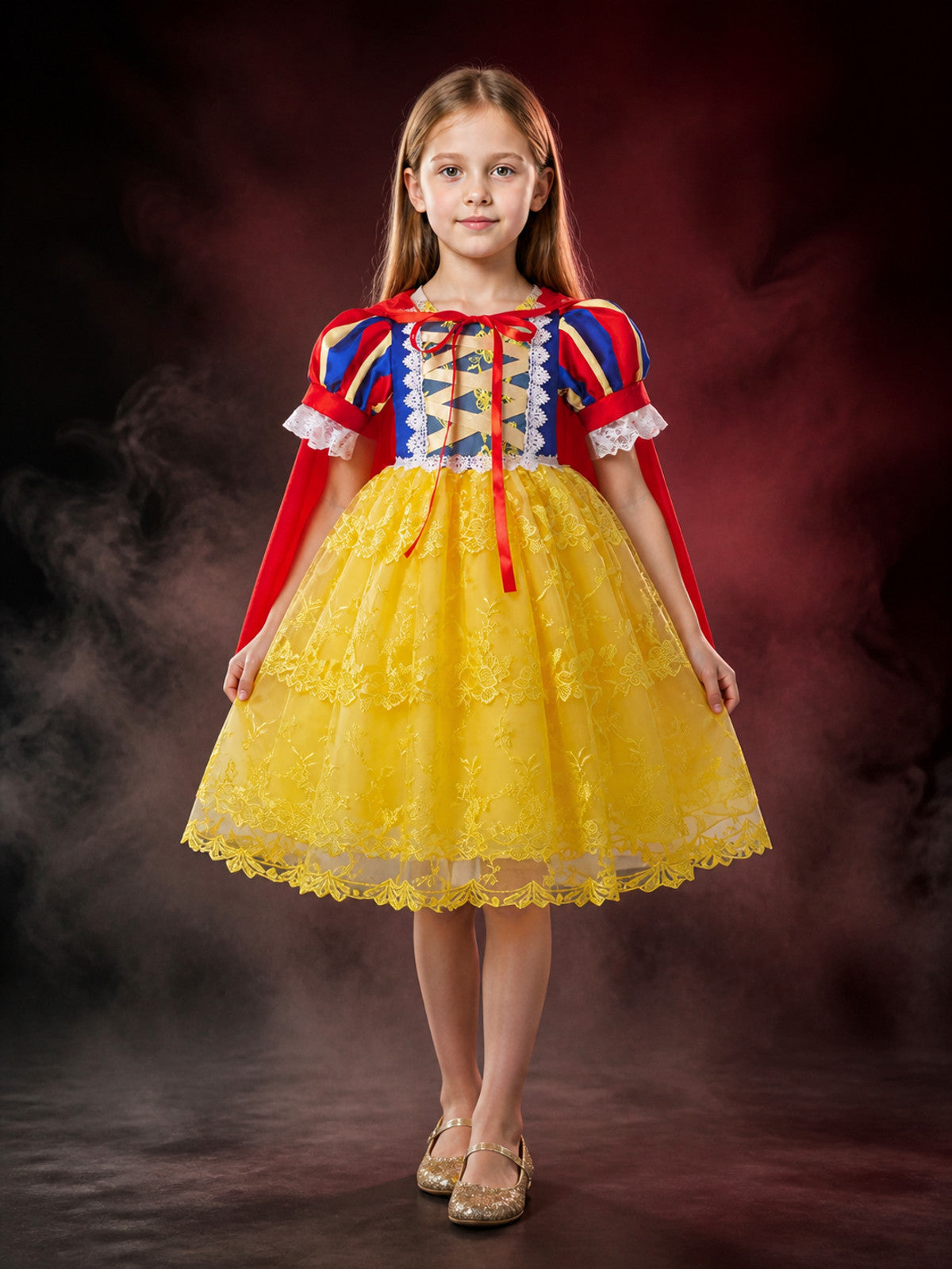 Girls Princess Dress Costume Set With Cape, Lace and Yellow Tulle Skirt main product view