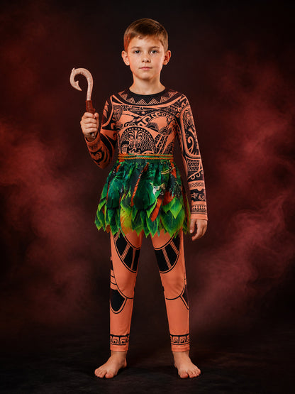Boy's Moana Tribal Print Onesie Costume Set with Fish Hook, Halloween Outfit main product view