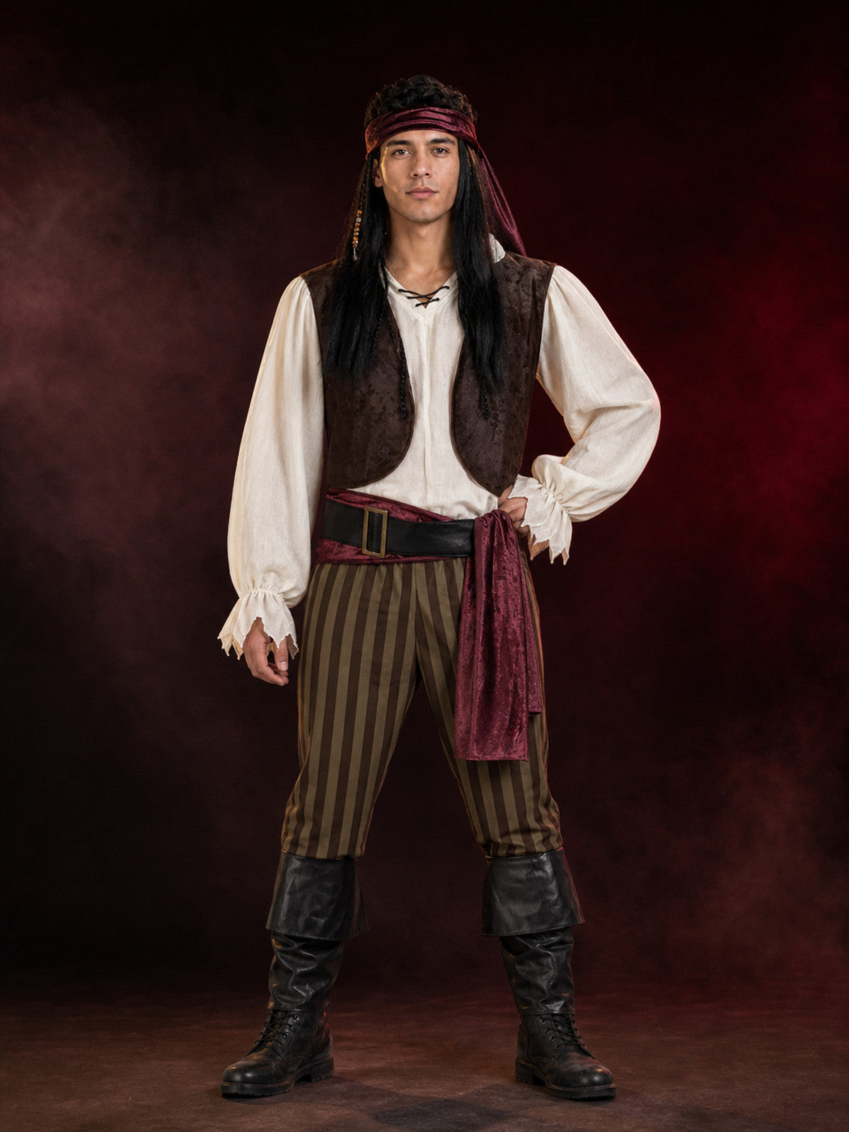 Adult Pirate Costume Set with Vest, Shirt, Striped Pants, Headscarf and Belt main product view