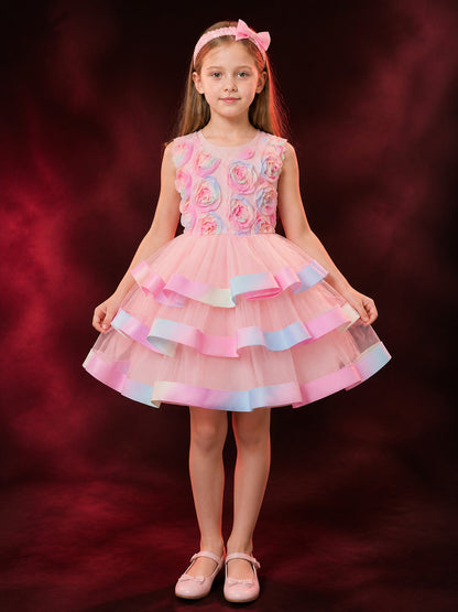 Girls' Princess Dress, Sleeveless Layered Tutu Gown With 3D Rose and Bow Details main product view