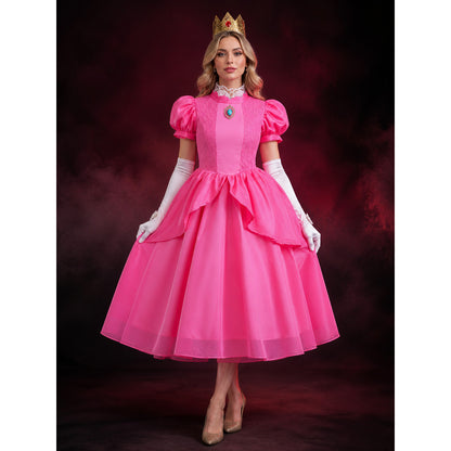 Girls Princess Peach Costume Dress Set - Pink Puffy Ball Gown with Crown and main product view
