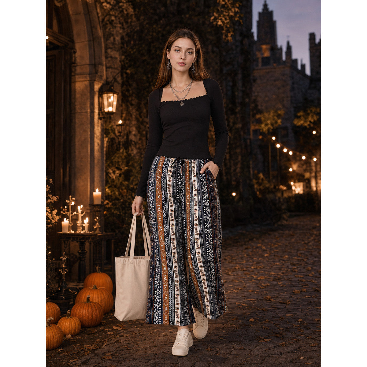 Bohemian High-Waist Wide-Leg Drawstring Pants with Multi-Color Vertical Stripes lifestyle view