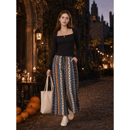 Bohemian High-Waist Wide-Leg Drawstring Pants with Multi-Color Vertical Stripes lifestyle view