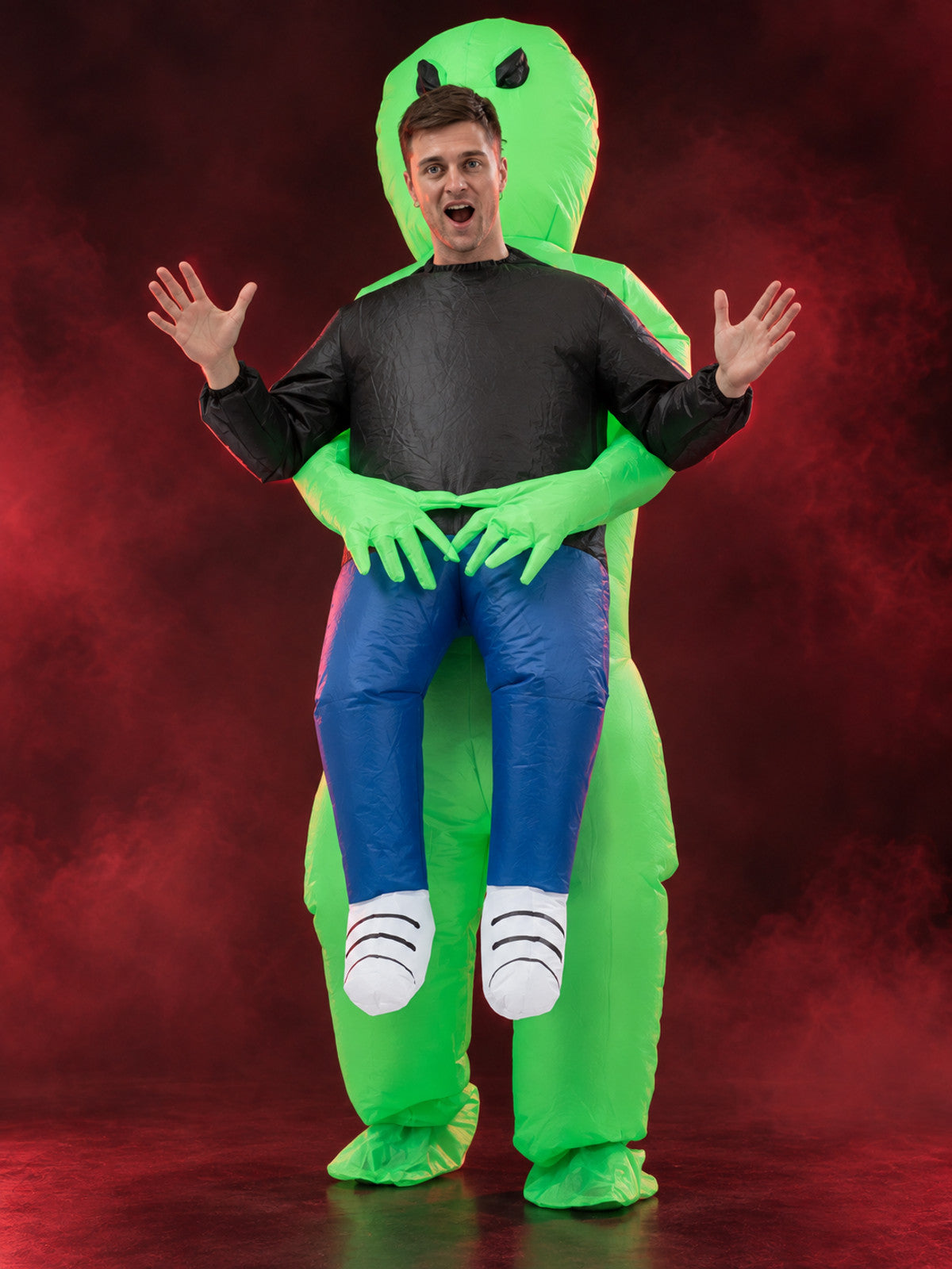 Green inflatable alien costume with black eyes