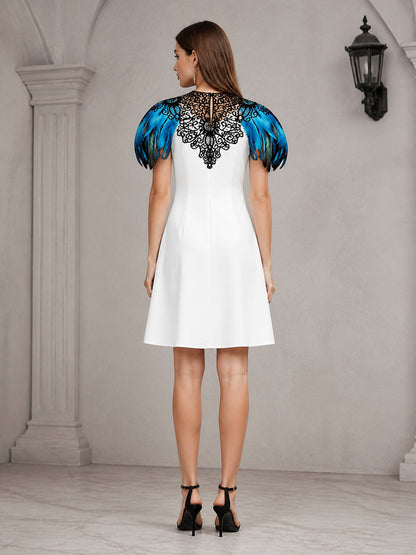 Lake Blue Accented White Dress with Feather Sleeve Print and Black Chest