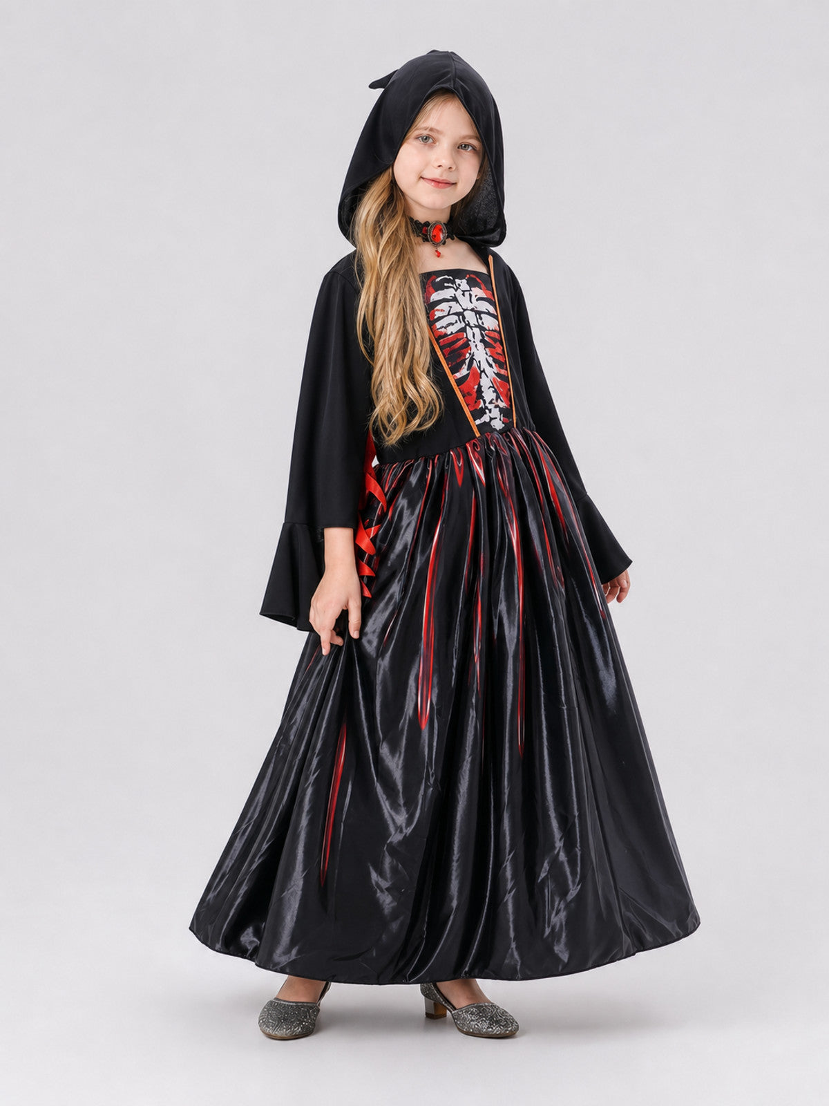 Girls' Halloween witch dress with red stripes