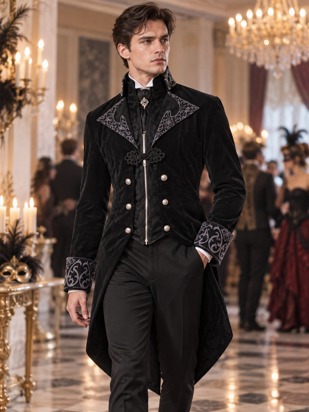 Black tailcoat with a high collar and silver embroidery
