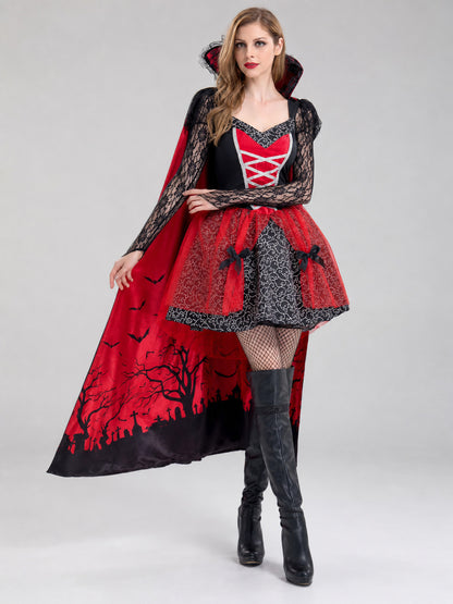 The dress is designed in a gothic style and combines a red-and-black color