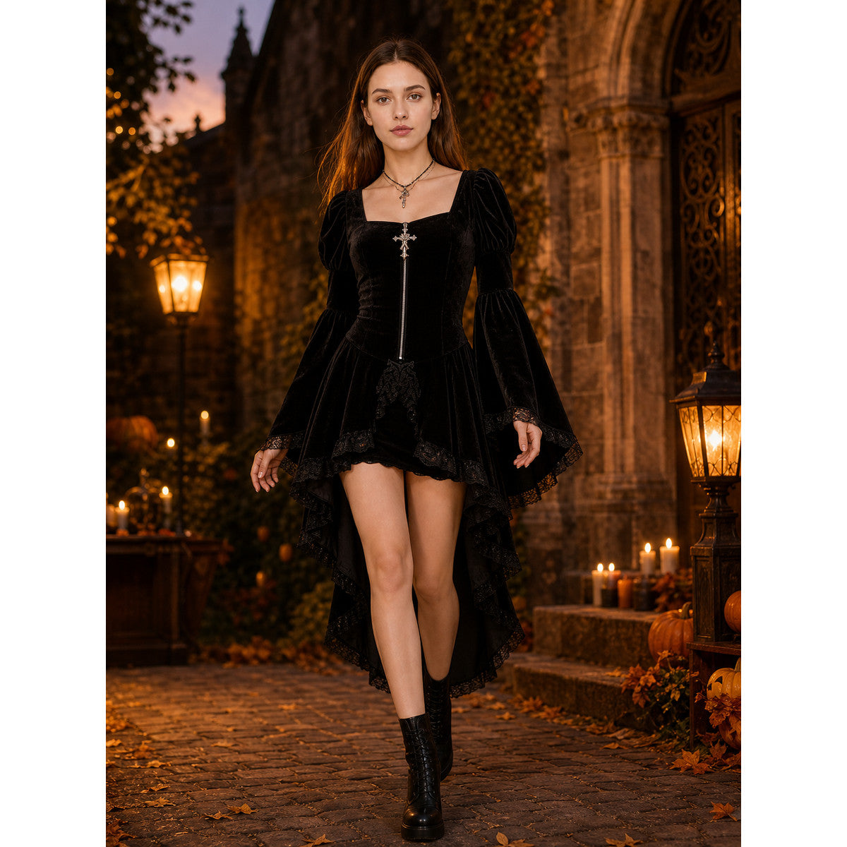 Gothic Cosplay Dress with Lace and Zipper