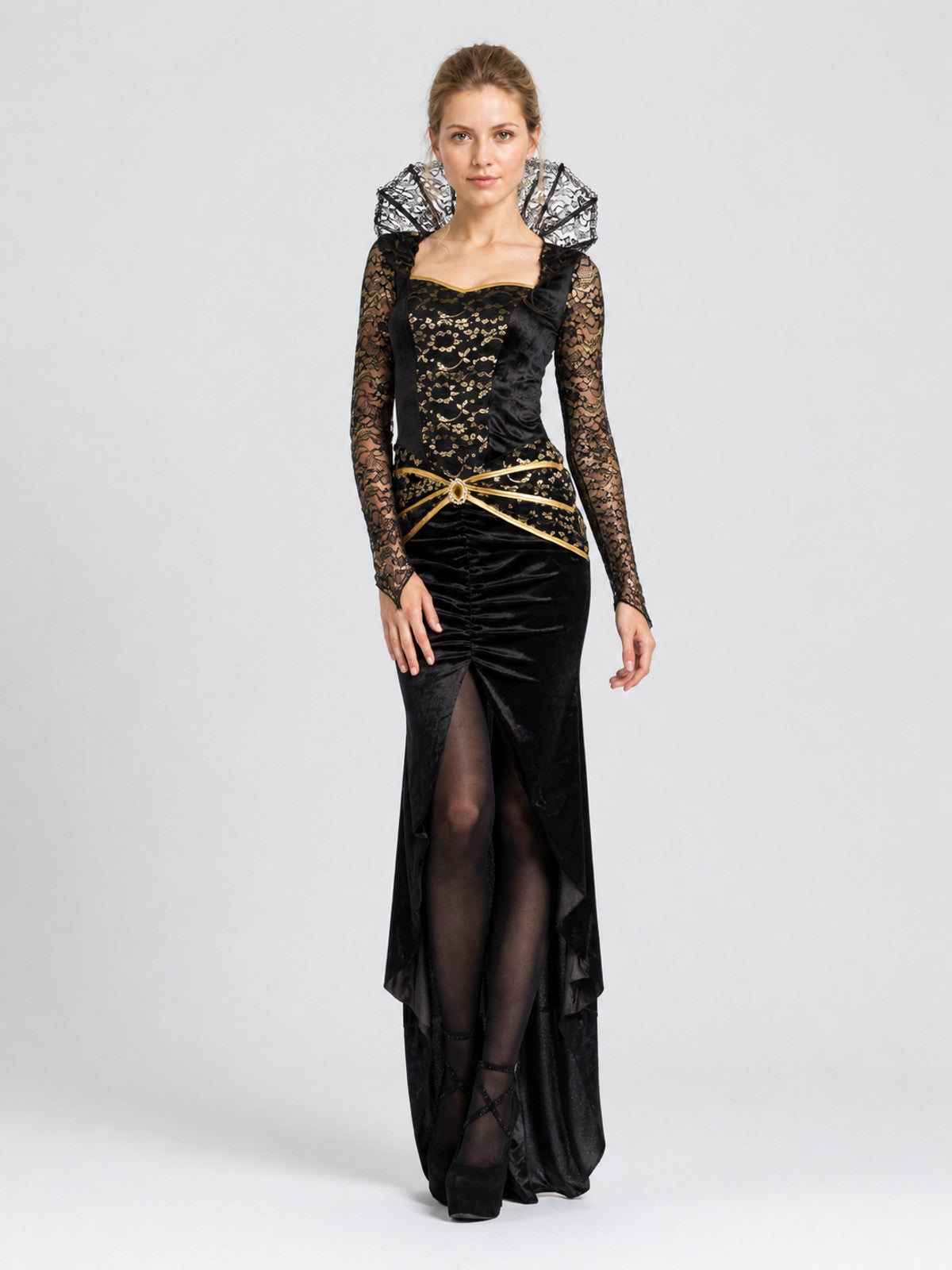 Black Dress with Lace Sleeves and Gold Pattern Costume Dresses detail