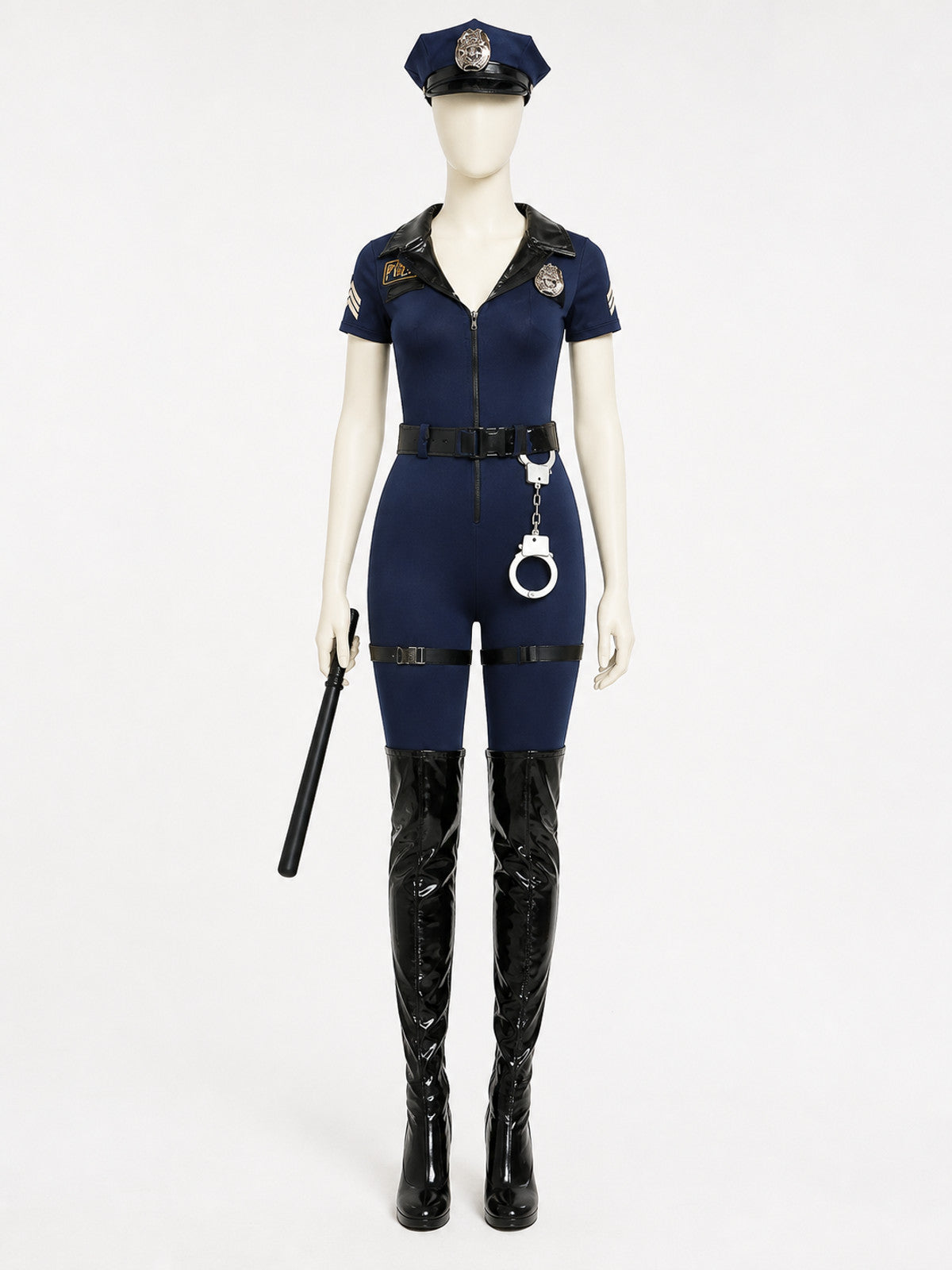 Women's Navy Blue Police Costume Bodysuit Set with Hat, Handcuffs, Belt, Baton main product view