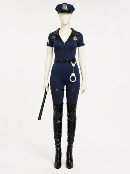 Women's Navy Blue Police Costume Bodysuit Set with Hat, Handcuffs, Belt, Baton main product view