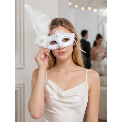 White Carnival Mask with Feathers and Lace for Halloween lifestyle view