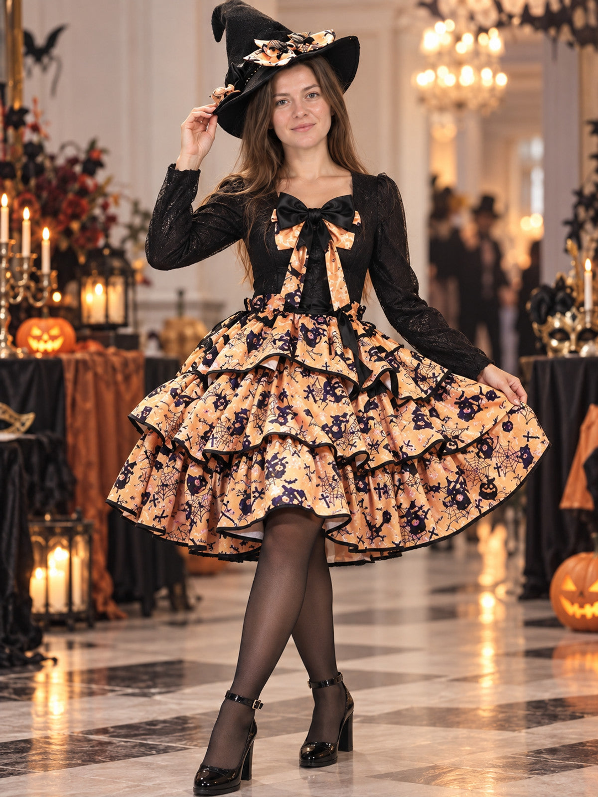 Black and orange witch costume with a puffy skirt