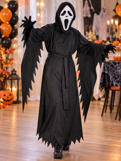 Ghost Halloween Costume: White Mask, Black Hooded Robe