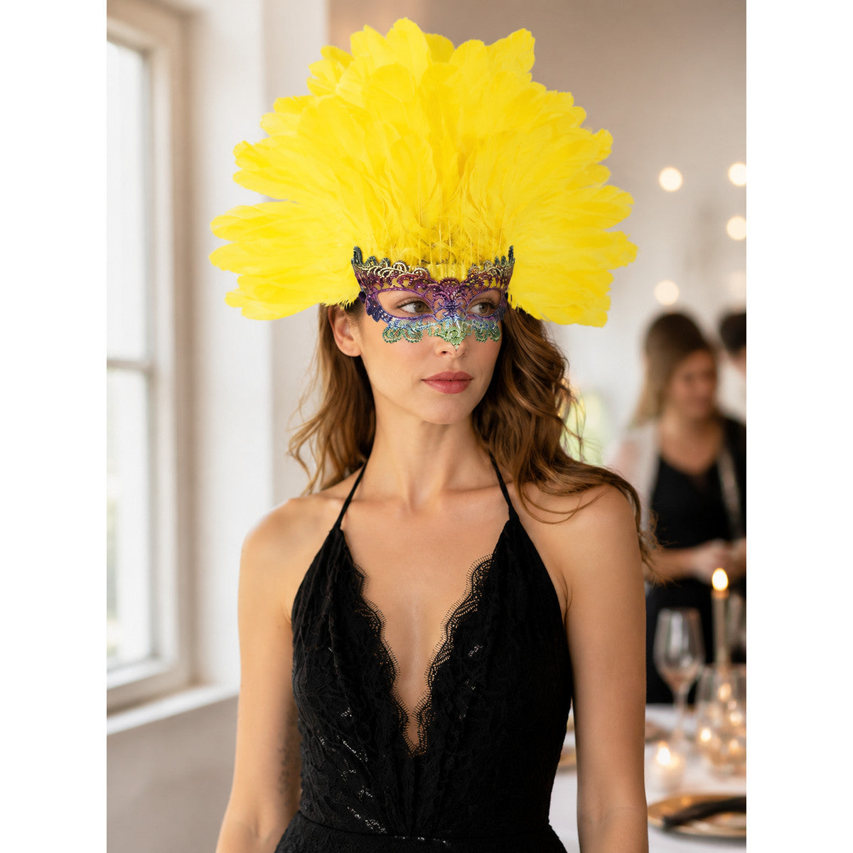 Carnival Headpiece with Feathers and Mask lifestyle view