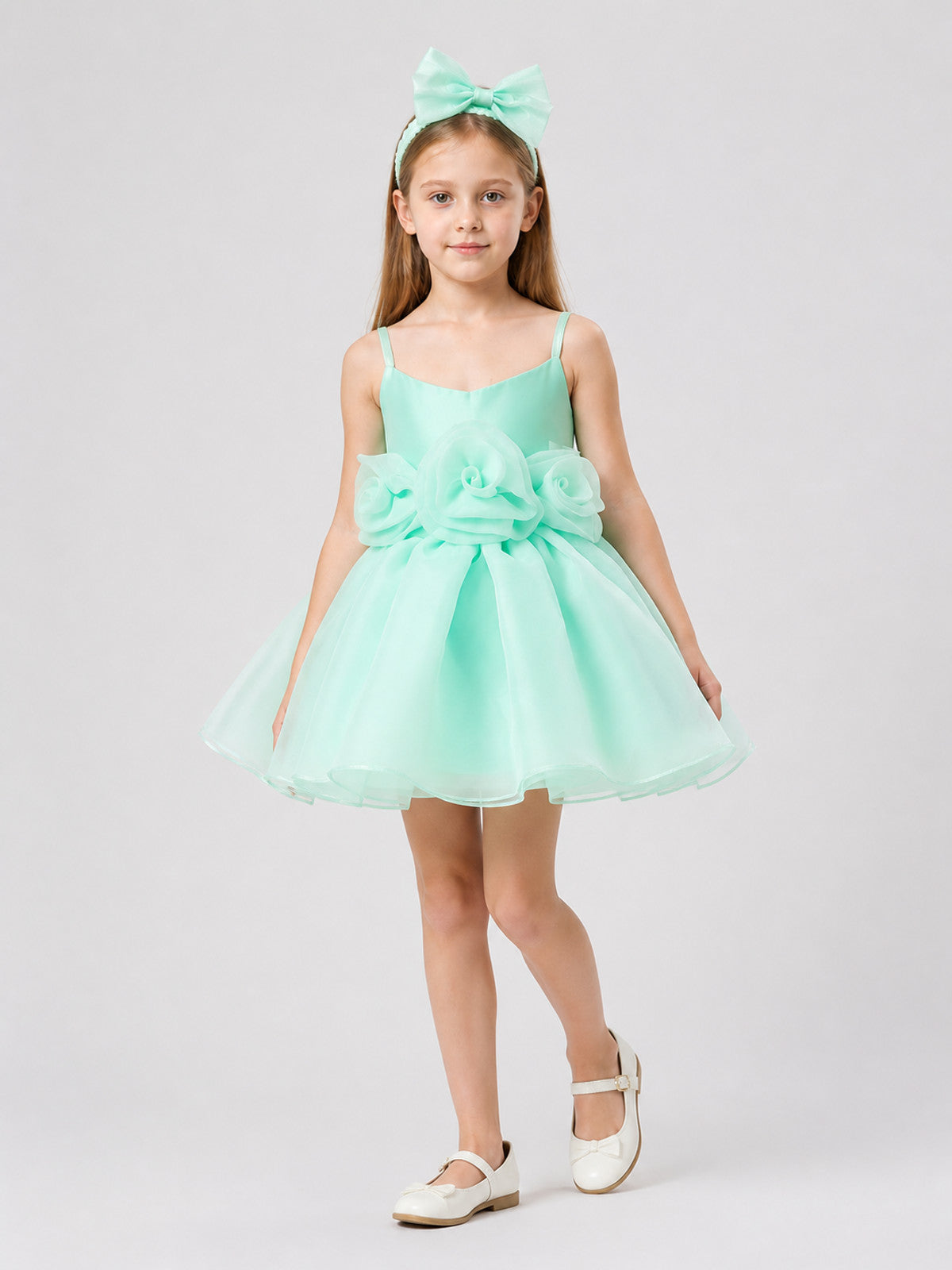 Short, Elegant Mint Dress with Roses and a Full Skirt Costume Dresses detail