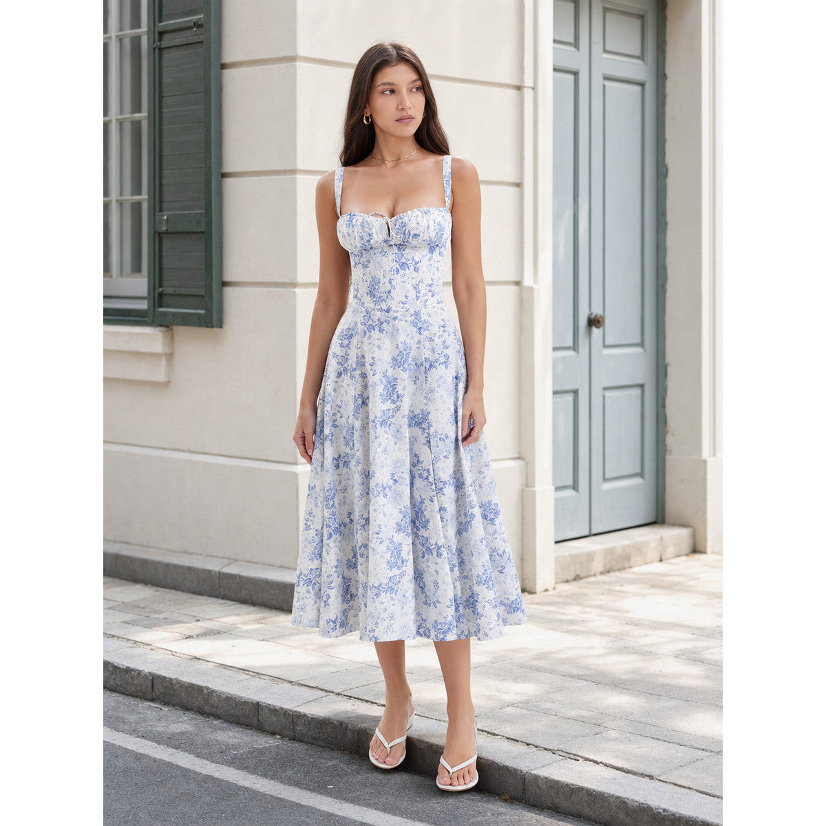Women's Floral-Print Midi Dress with Thin Straps lifestyle