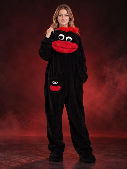 Black one-piece pajama with red pile and appliqué