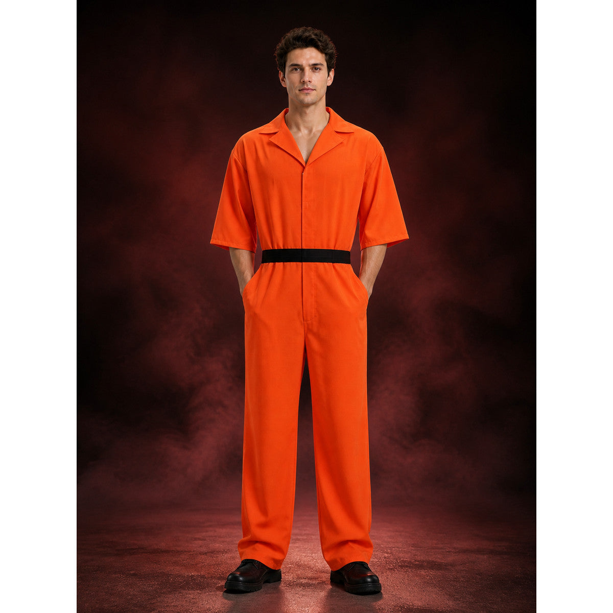 Adult Orange Prisoner Jumpsuit Costume with Detachable Belt for Halloween main product view