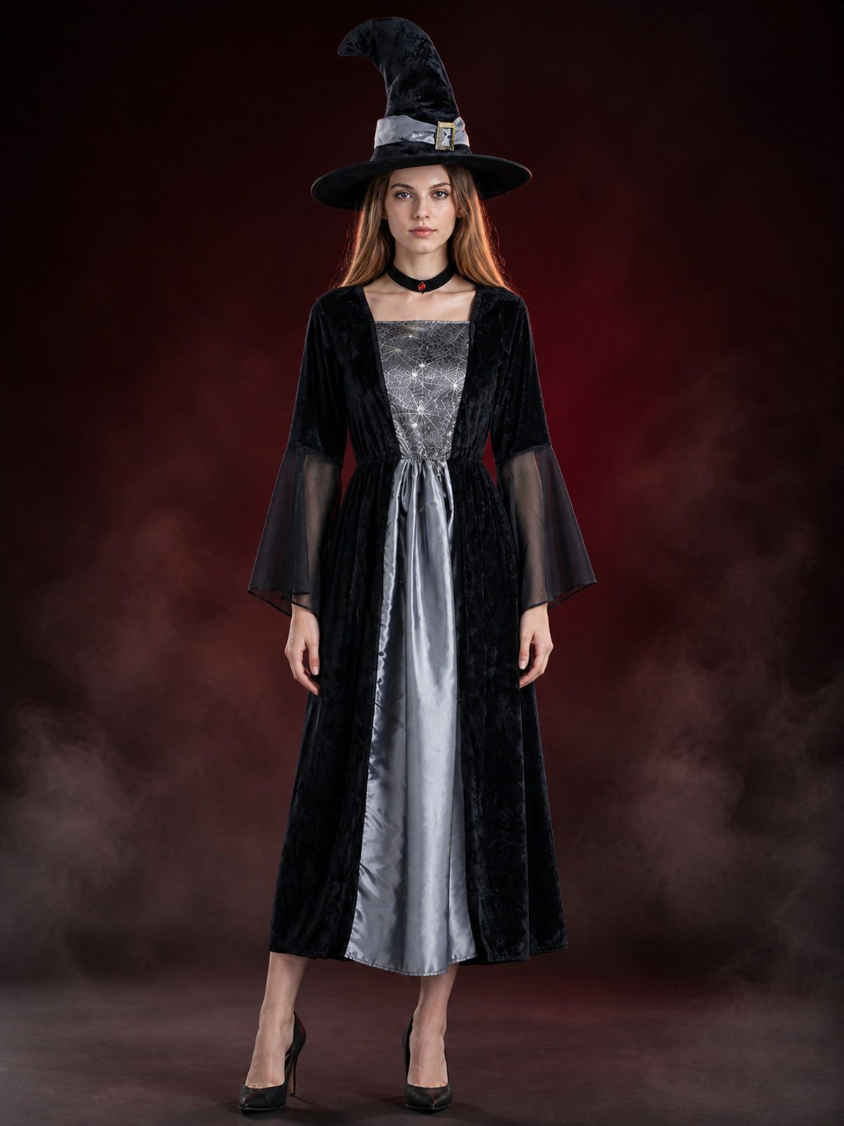 Women's Gothic Witch Costume Set, Long Dress with Hat and Neck Accessory